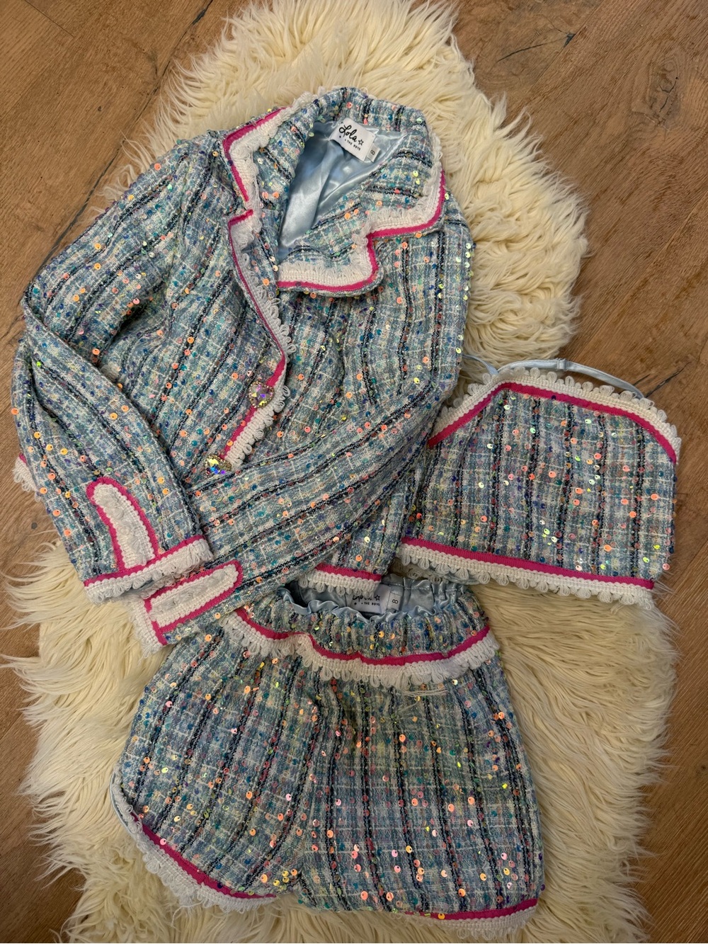 Lola + The Boys Multicolor Tweed Pajama Set with Pink Trim